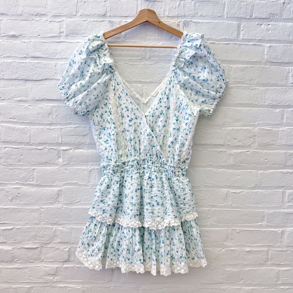 LoveShackFancy || Carlo Dress Floral Tiered Ruffle Mini Blue Bonnet White M